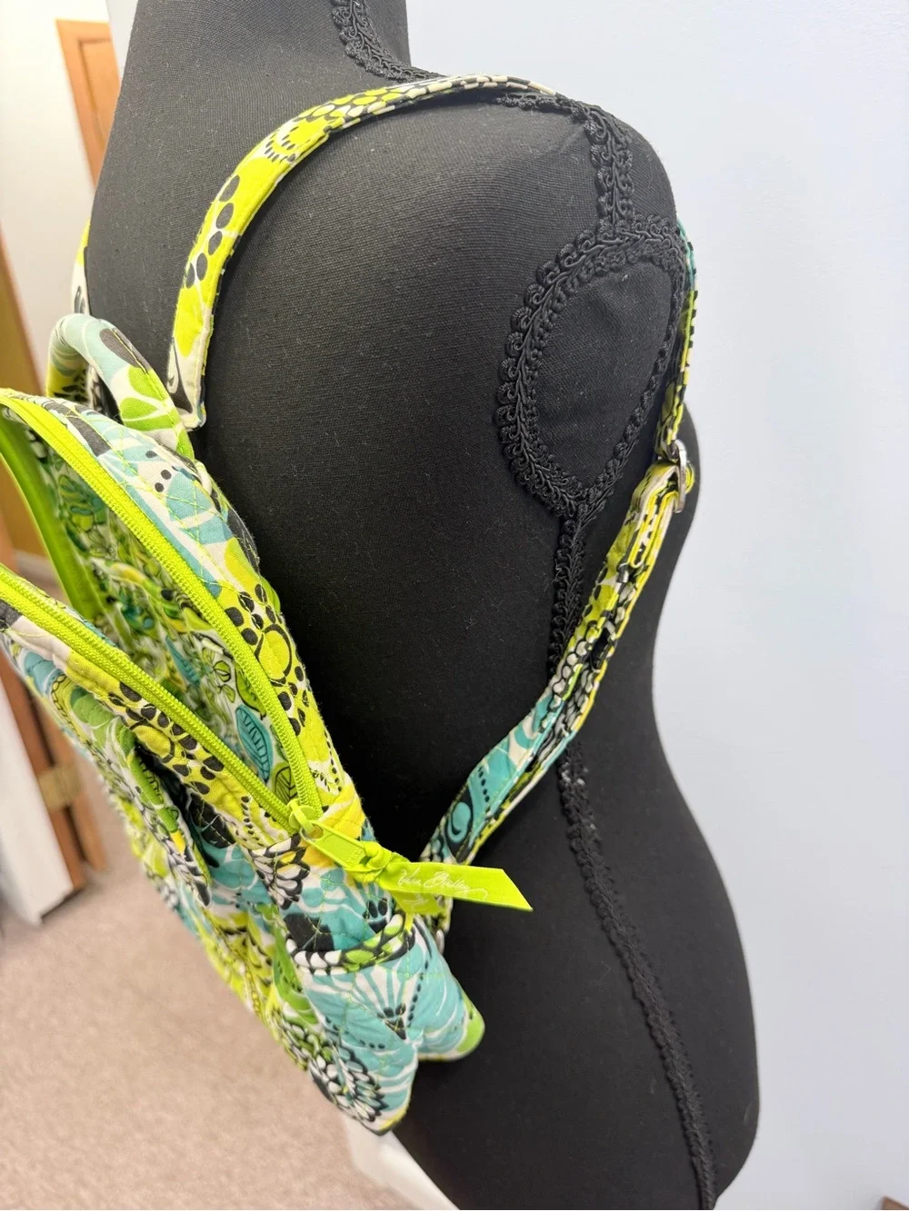 Vera Bradley Quilted Floral Mini Backpack in Lime, Aqua and Black